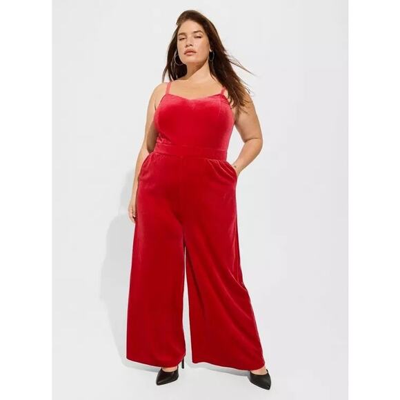 torrid Pants - Torrid Jumpsuit Velvet Wide Leg 1X Jester Red Pocket Tank Top Vneck Holiday